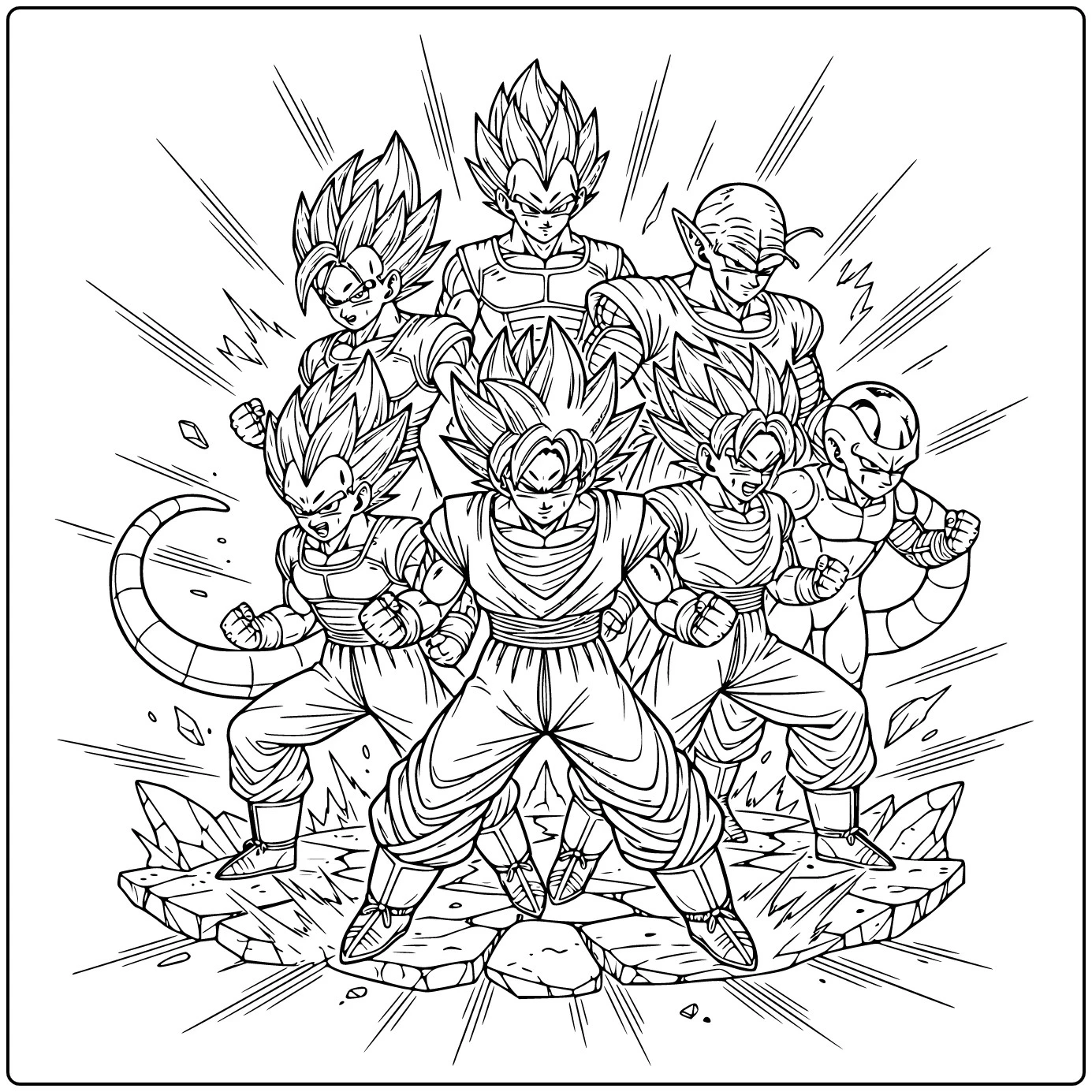 Dragon Ball Z kleurplaat Goku centraal met cast