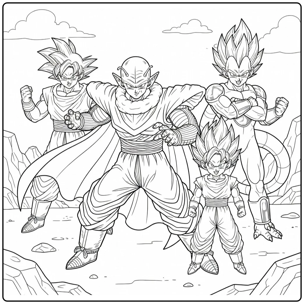 Dragon Ball Z kleurplaat Piccolo verdedigende pose cape wapperend