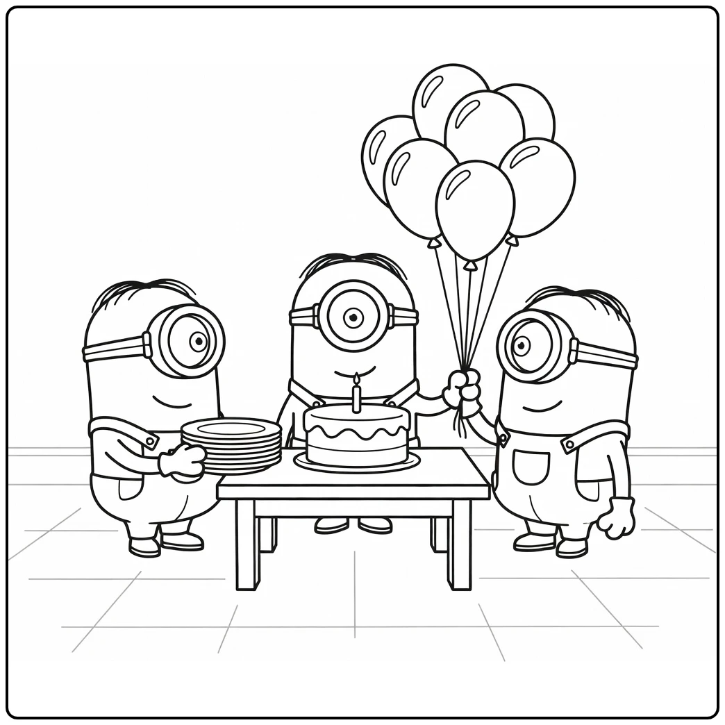 minions verjaardag kleurplaat: 3 minions bij taartentafel met borden en ballonnen