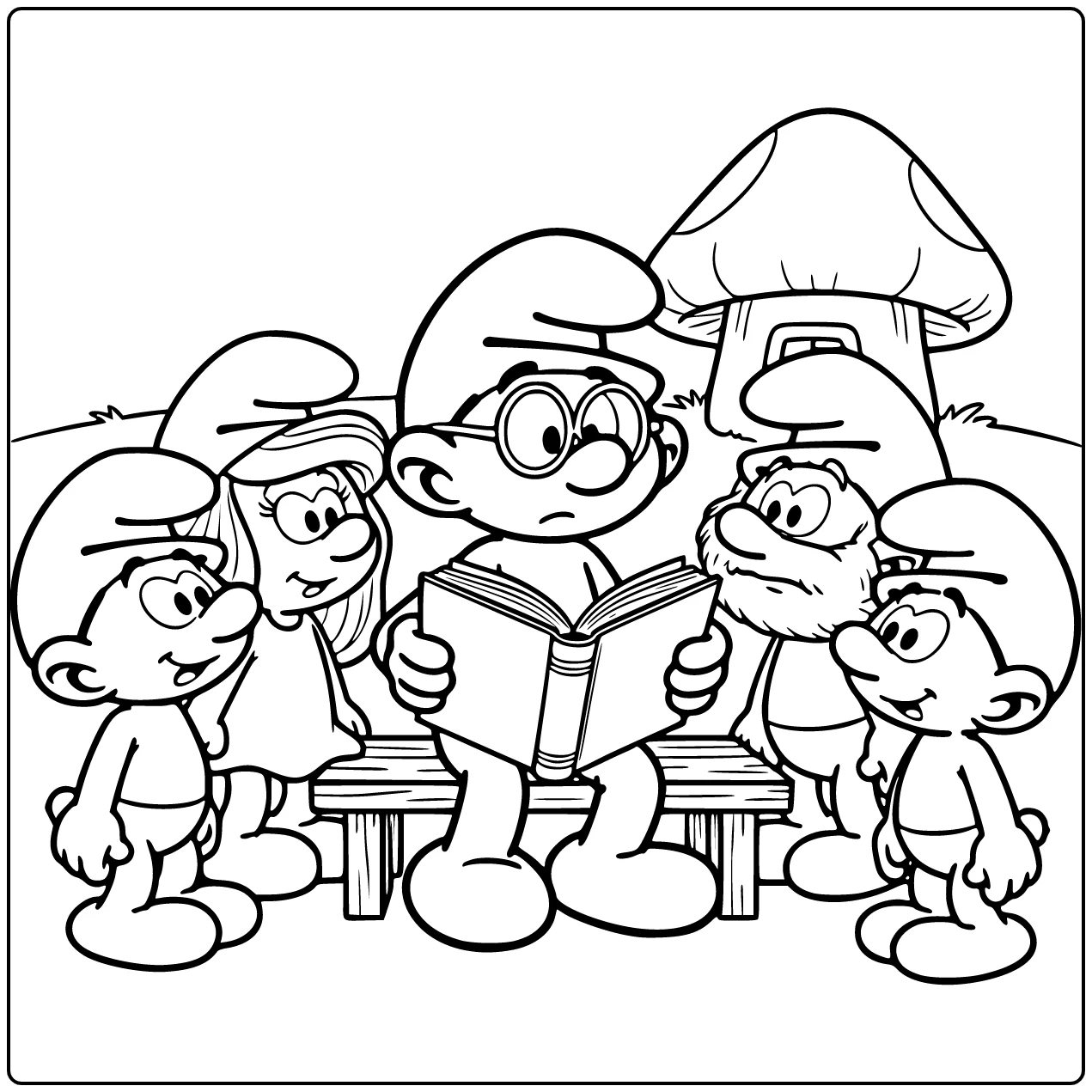 Smurfen kleurplaat: Slimme Smurf leest open boek centraal