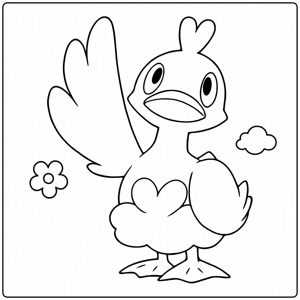Ducklett Water Pokemon Kleurplaat met bloem en wolk