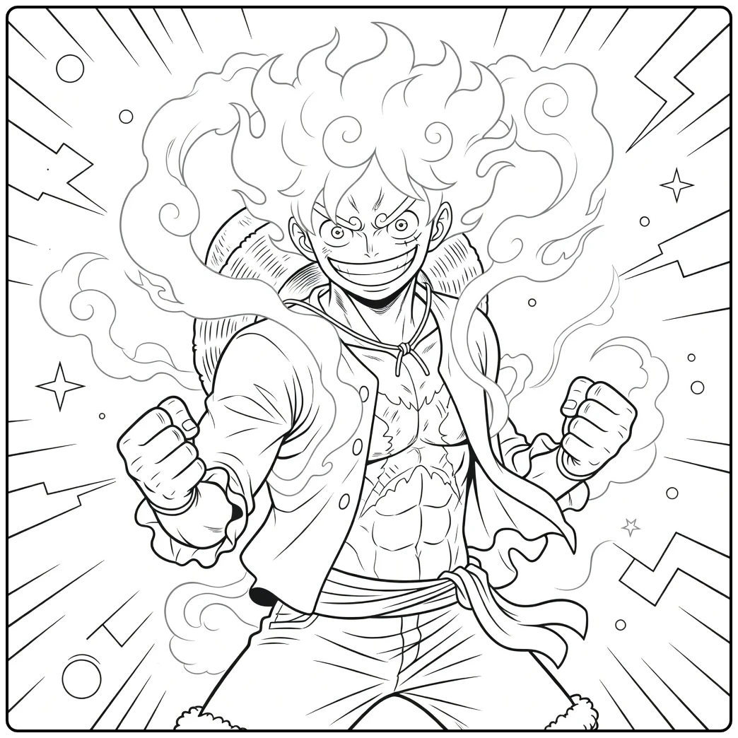 luffy Gear 5 kleurplaat met pluizig haar en grijns