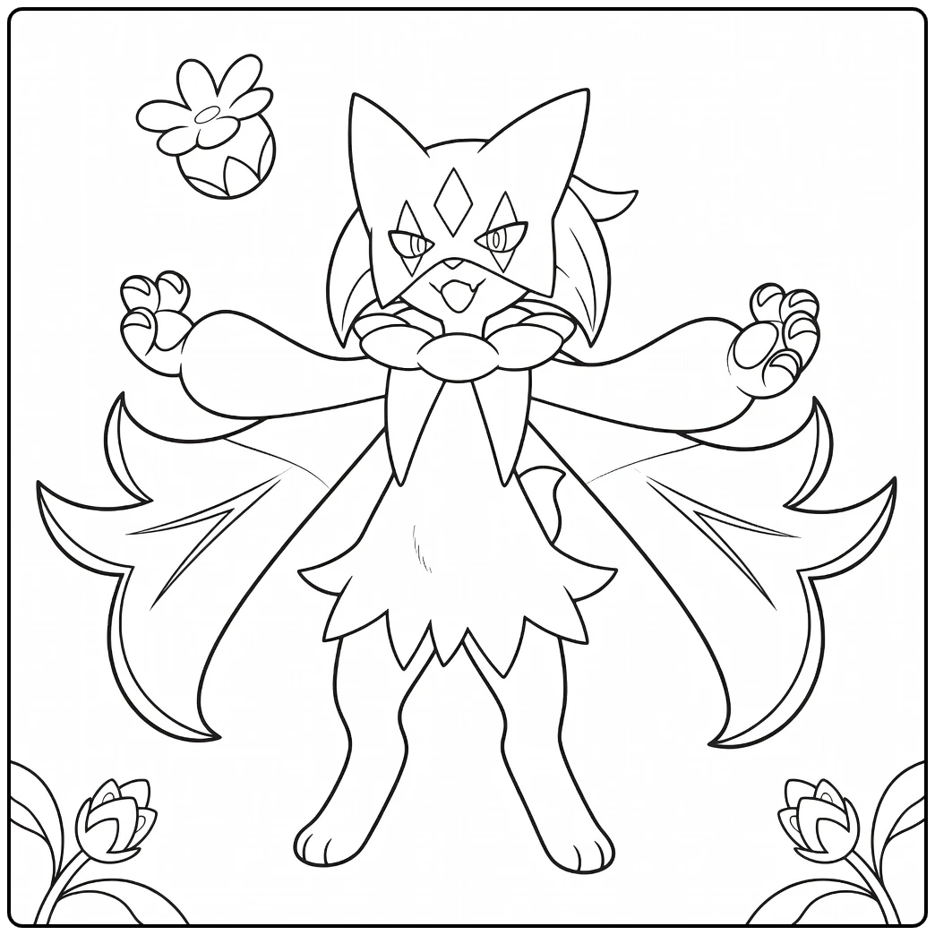 Meowscarada Kleurplaat Pokémon met vleugels en bloemen