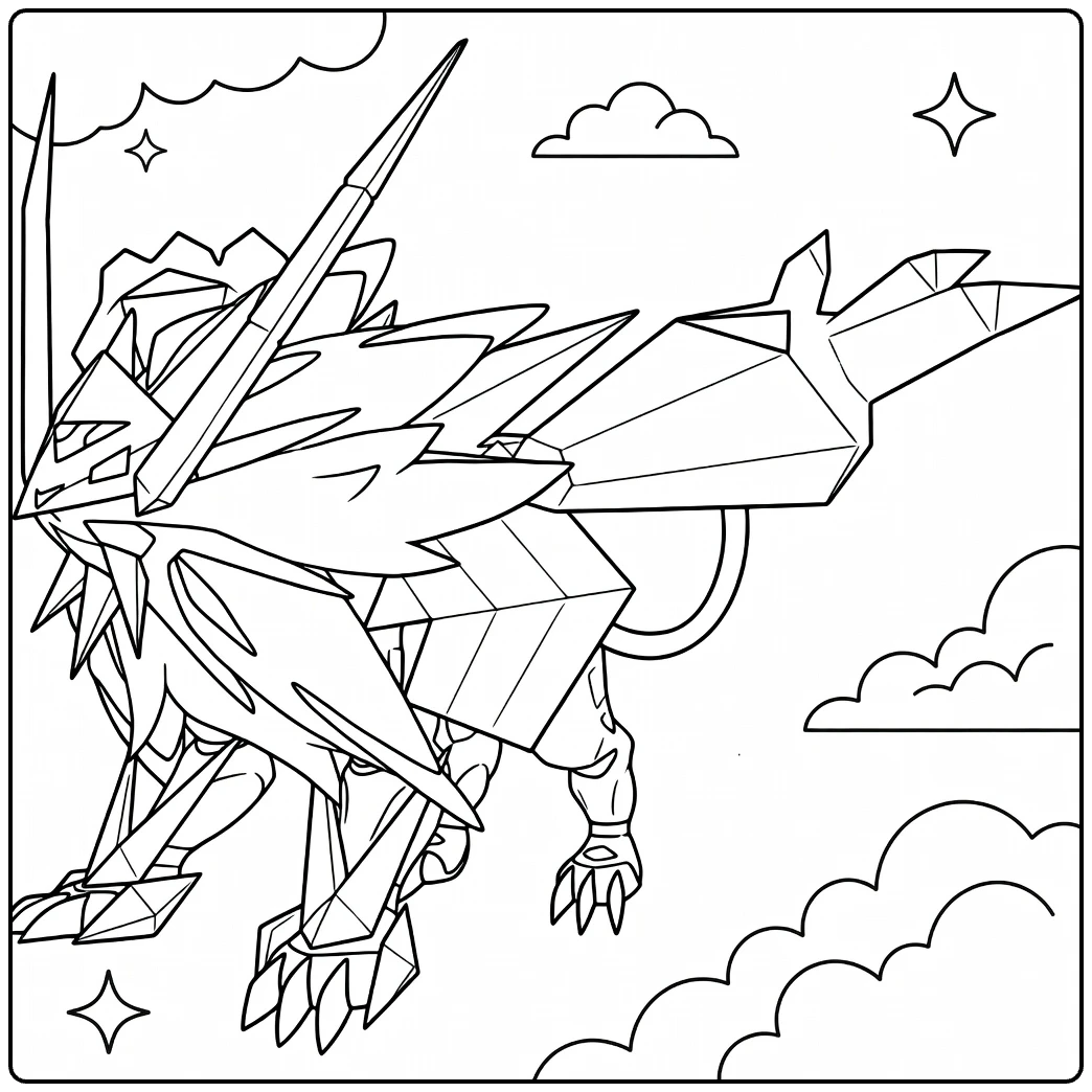 Pokemon Necrozma kleurplaat met wolken en sterren