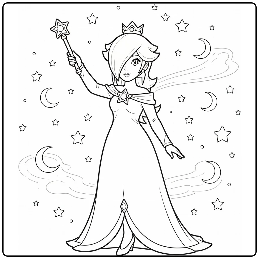 Rosalina kleurplaat met staf, sterren en maan