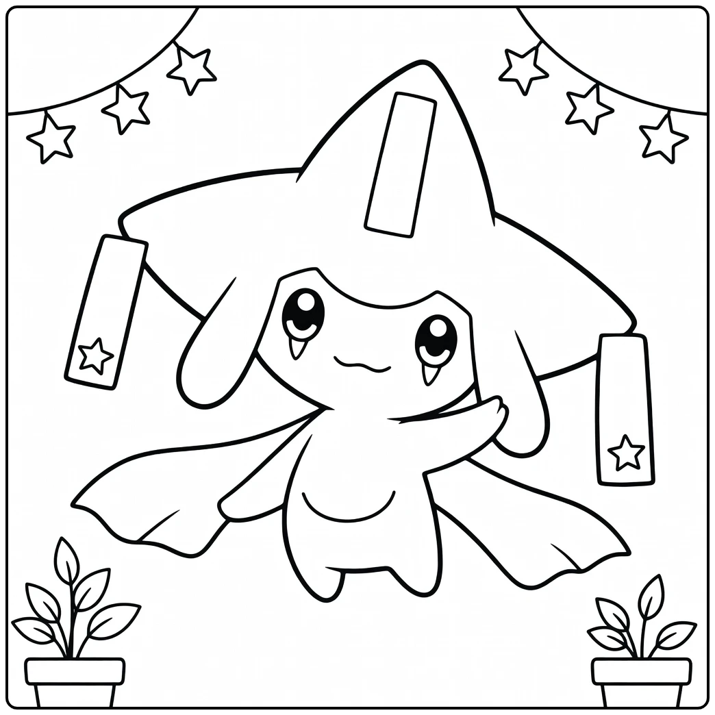 Pokemon Jirachi kleurplaat met lantaarns en sterren