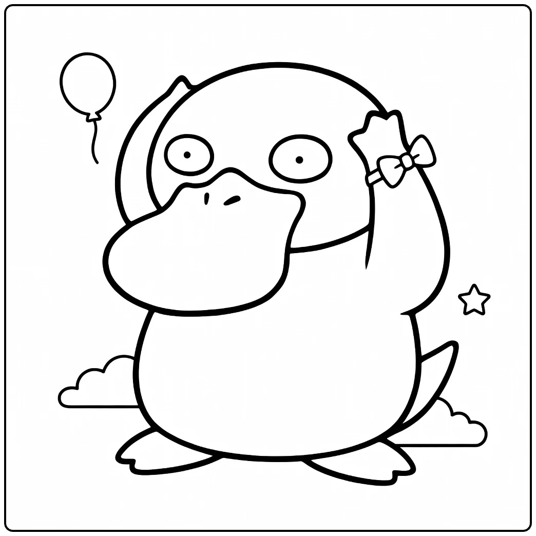 Psyduck Water Pokemon Kleurplaat met ballon en strik