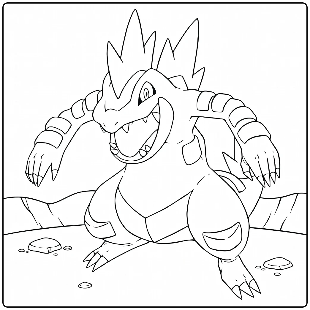Feraligatr Water Pokemon Kleurplaat brullend met klauwen