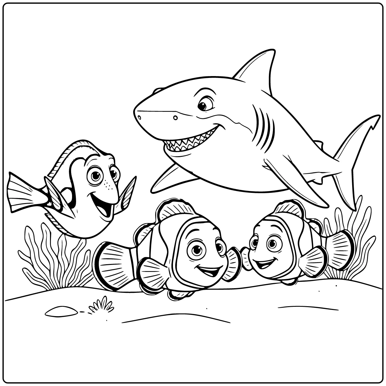 Finding Nemo kleurplaat: Nemo boven zandbodem met Bruce, Dory, Marlin