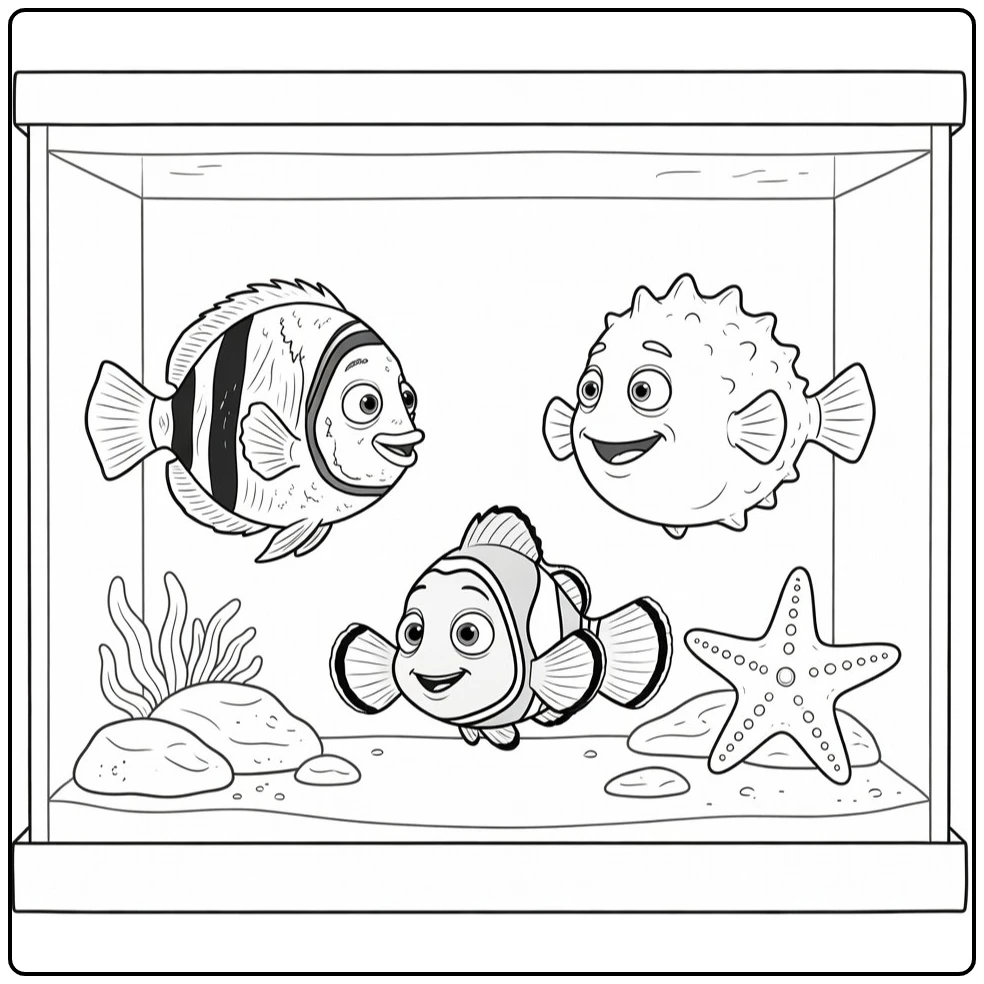 Finding Nemo kleurplaat - Nemo, Gill, Bloat, Peach in visbak