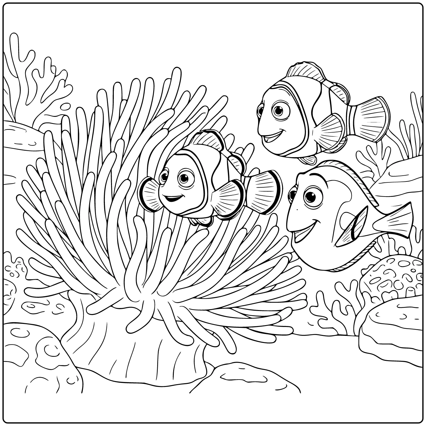 Finding Nemo kleurplaat: Nemo verkent rustige zeeanemoon met Marlin