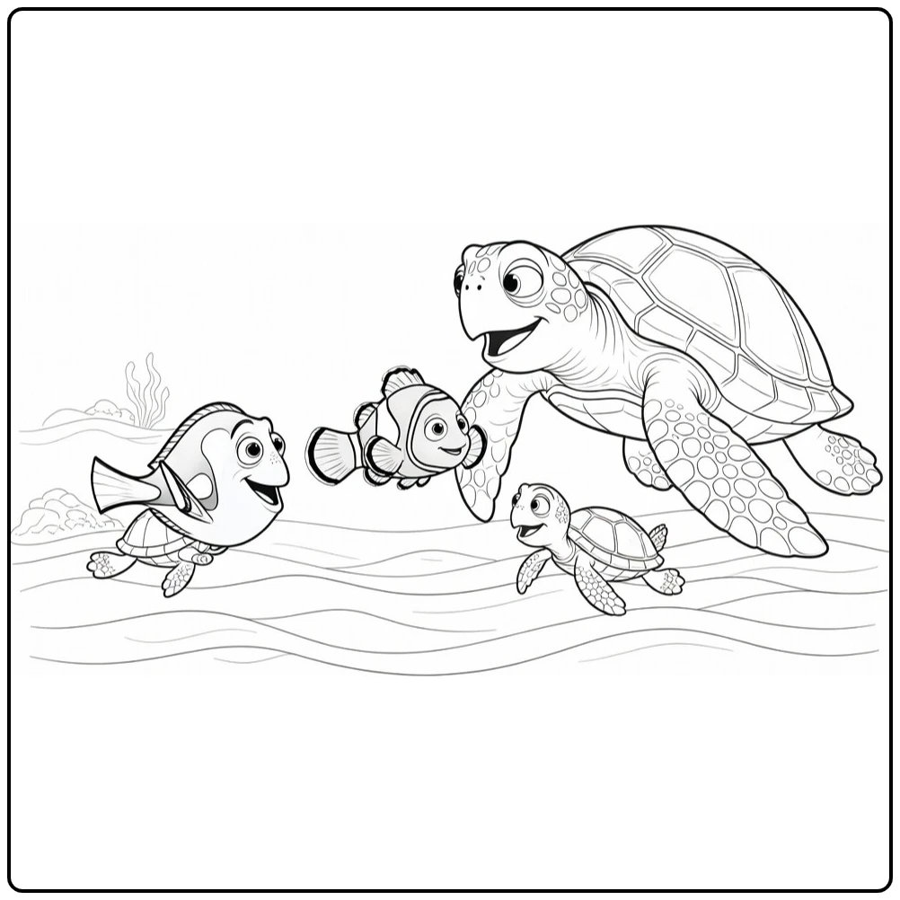 Finding Nemo kleurplaat: Nemo ontmoet Crush boven golven