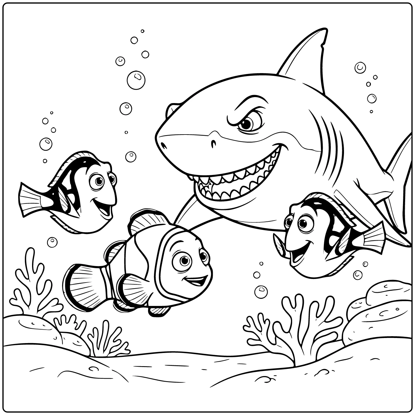 finding nemo kleurplaat: Nemo tegenover Bruce de haai