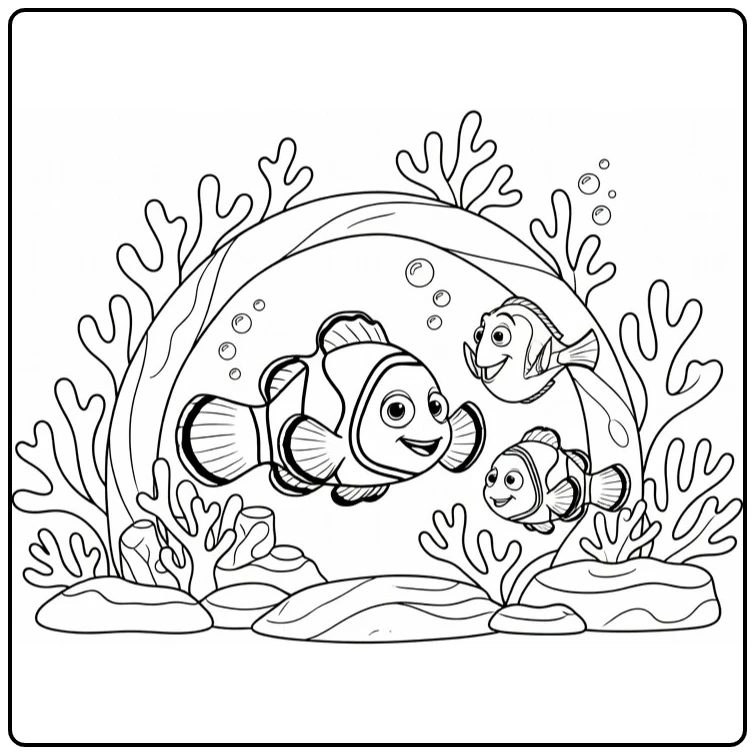 Finding Nemo kleurplaat: Nemo door koraalboog met Marlin & Dory