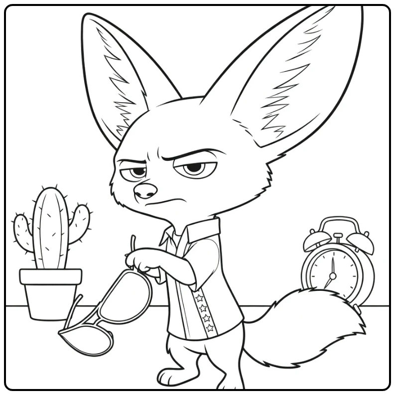 Finnick Kleurplaat: fenneks met zonnebril, cactus en wekker