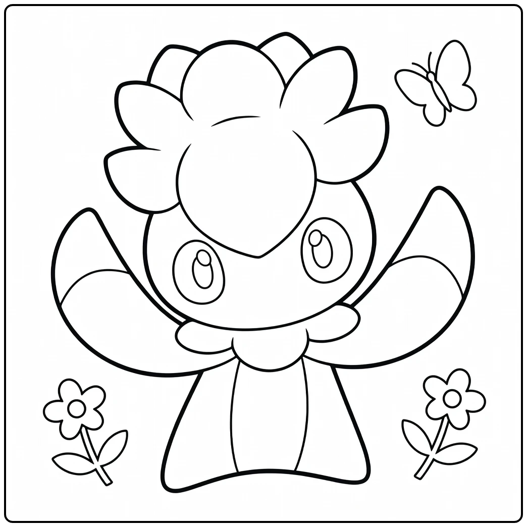 Fomantis Kleurplaat Pokémon met vlinders en bloemen