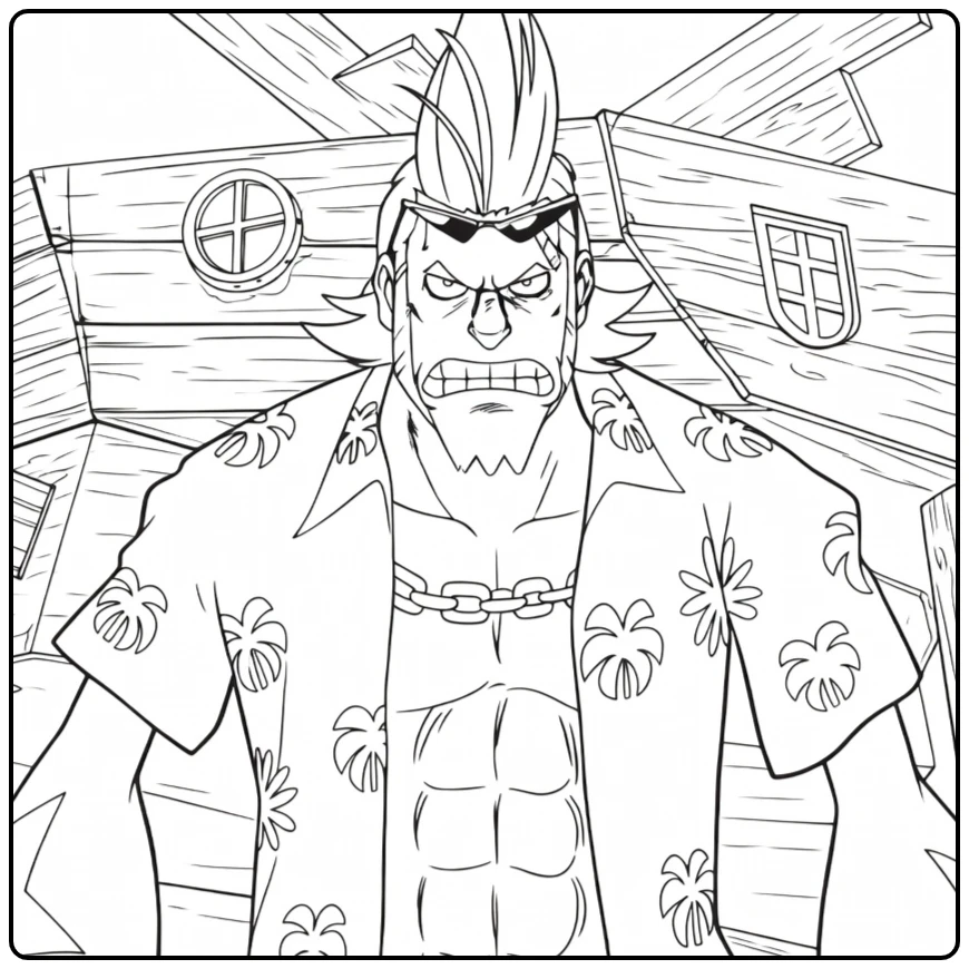 Franky kleurplaat: stoere cyborg met mohawk en hawaïhemd