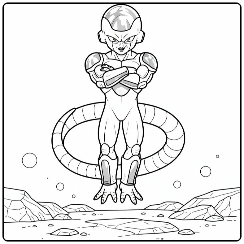 Frieza Kleurplaat: zwevend met armen gekruist