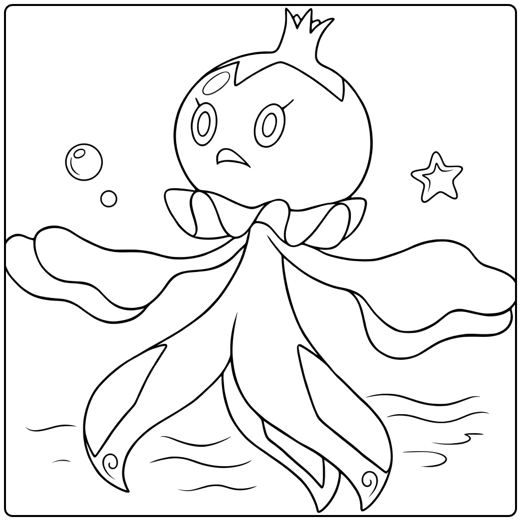 Frillish Water Pokemon Kleurplaat met bubbels en sterren