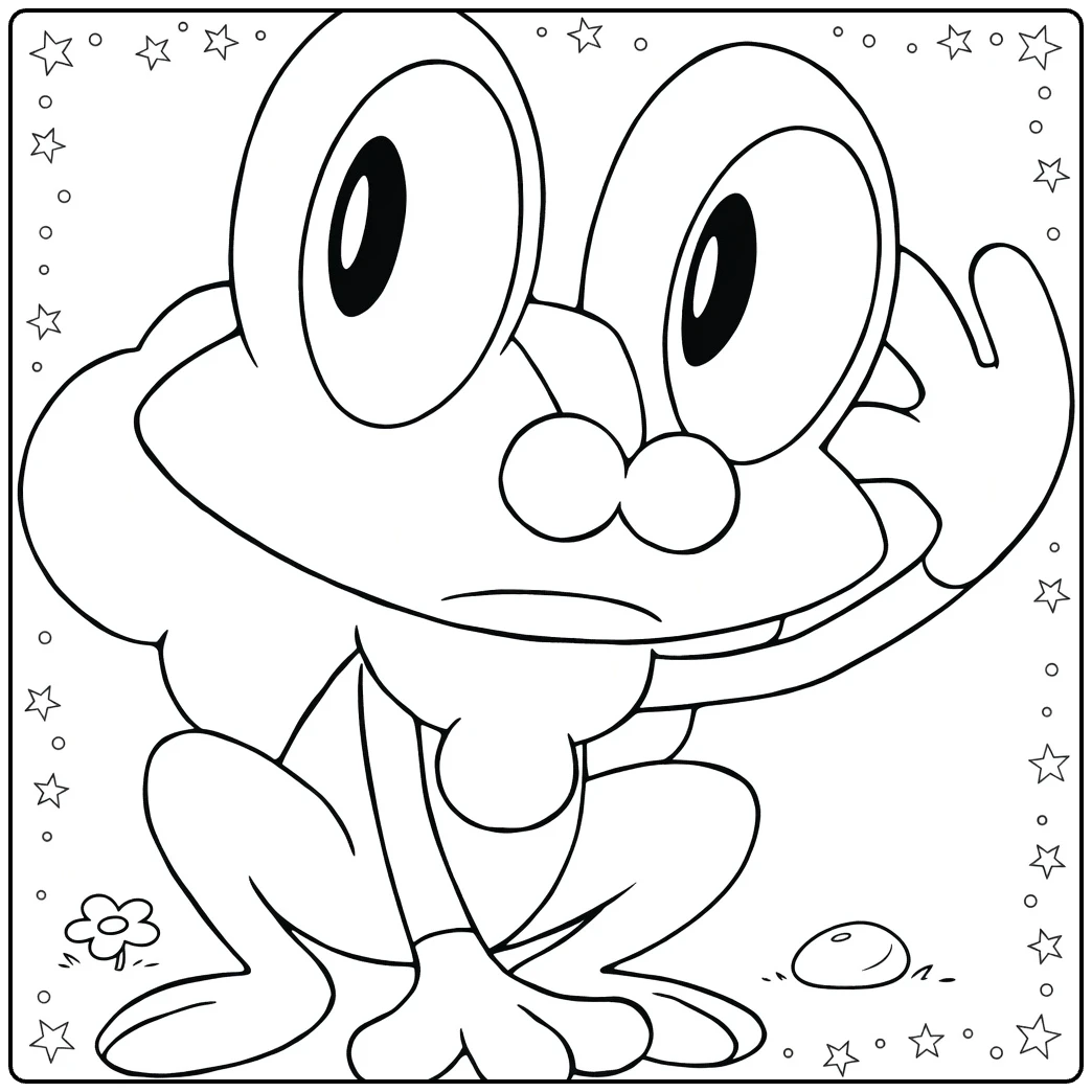 Froakie Water Pokemon Kleurplaat grote ogen en bubbel