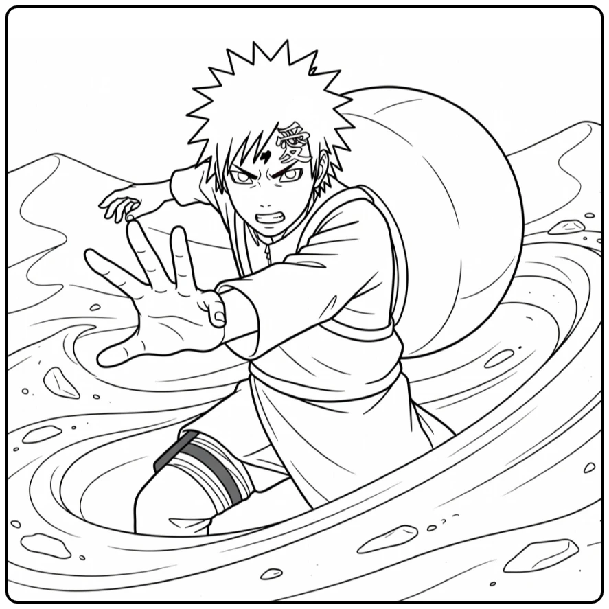 Gaara Kleurplaat actiepose zandcontrole kalebas