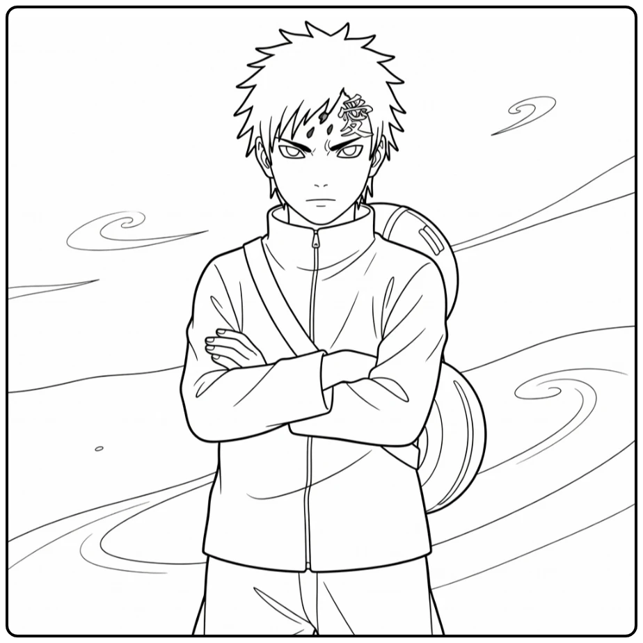 Gaara Kleurplaat met gekruiste armen en zandkalebas