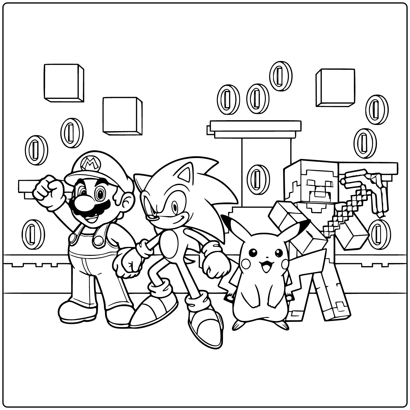 Game kleurplaat Mario Sonic Pikachu Steve arcade arena