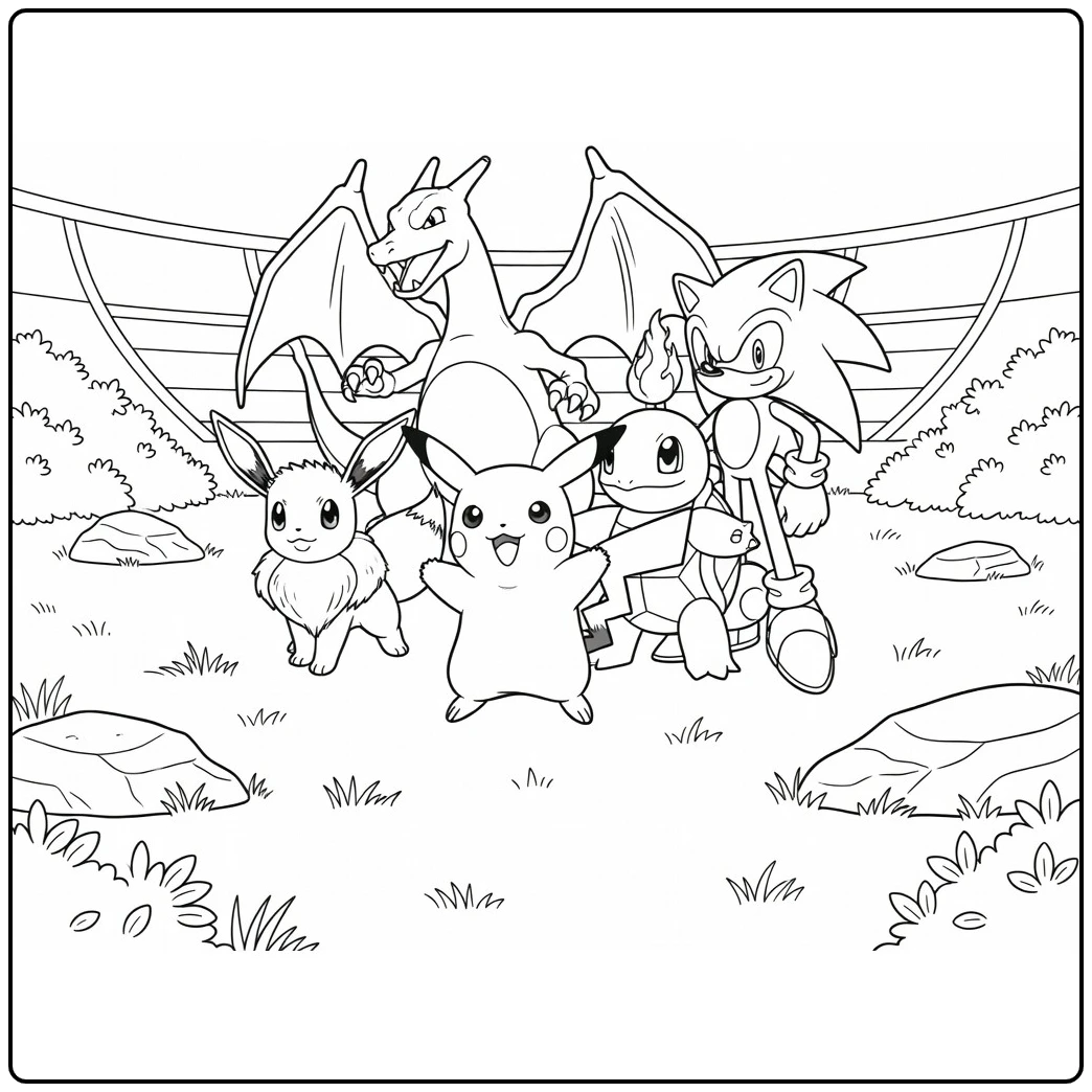 Realistische Pikachu Charizard Eevee Squirtle game kleurplaat