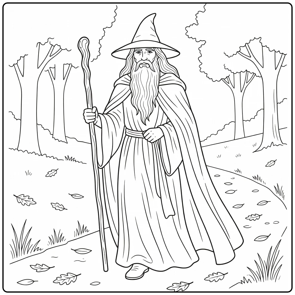 Gandalf Kleurplaat: tovenaar wandelt door bos met staf