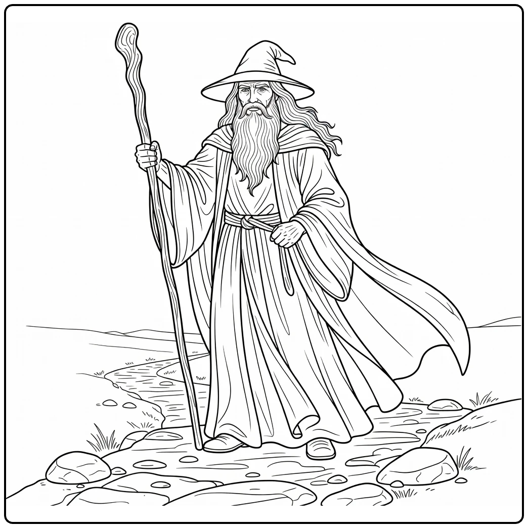 Gandalf Kleurplaat met geheven staf en wapperende robes