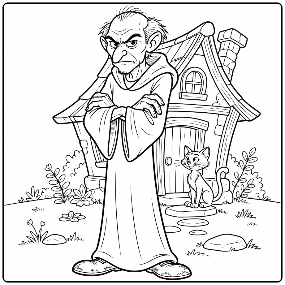 Gargamel kleurplaat: trots met armen gekruist voor krom huisje