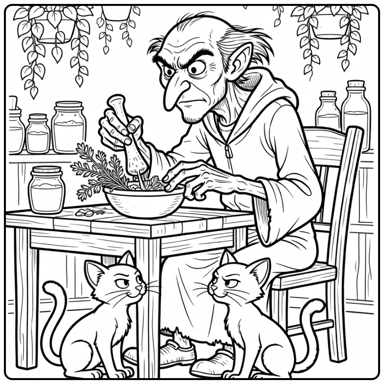 Gargamel kleurplaat: Gargamel mengt kruiden aan tafel met Azrael