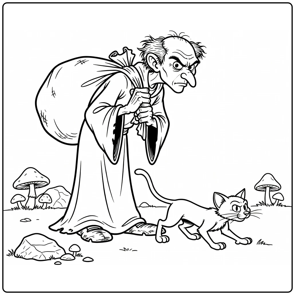 Gargamel kleurplaat: sluipend door bos met zak, Azrael vooruit