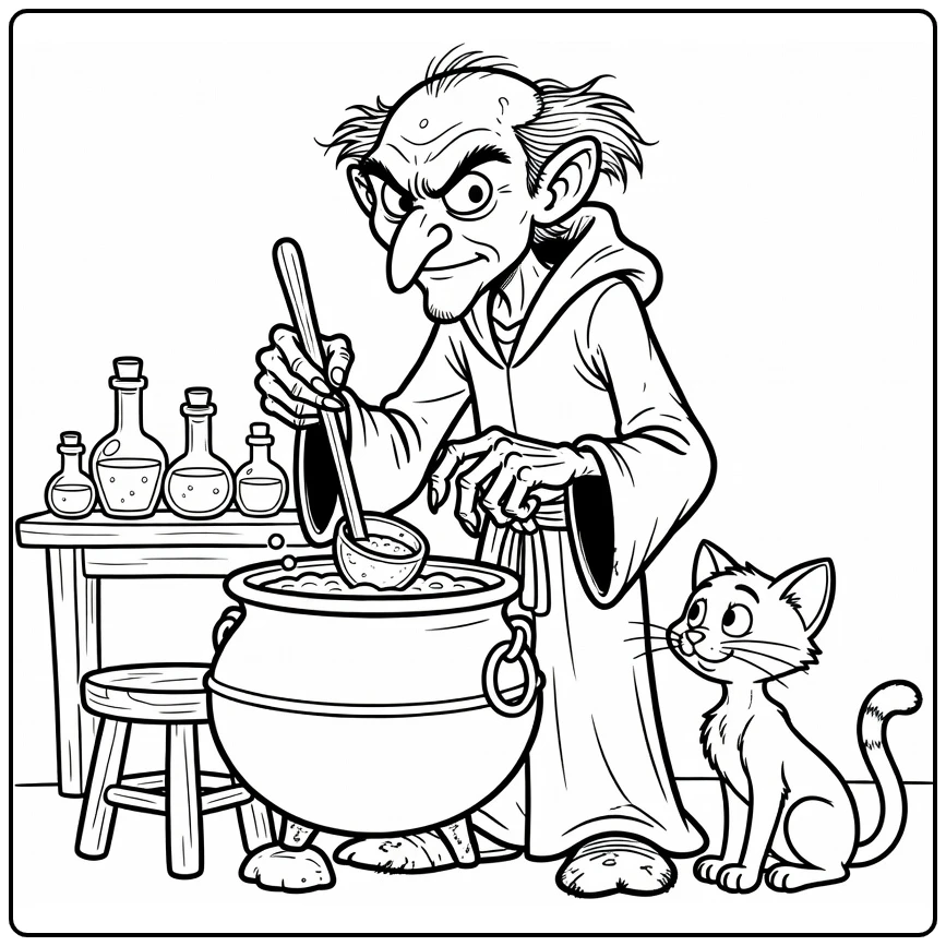 Gargamel kleurplaat: roert borrelende toverdrank in ketel