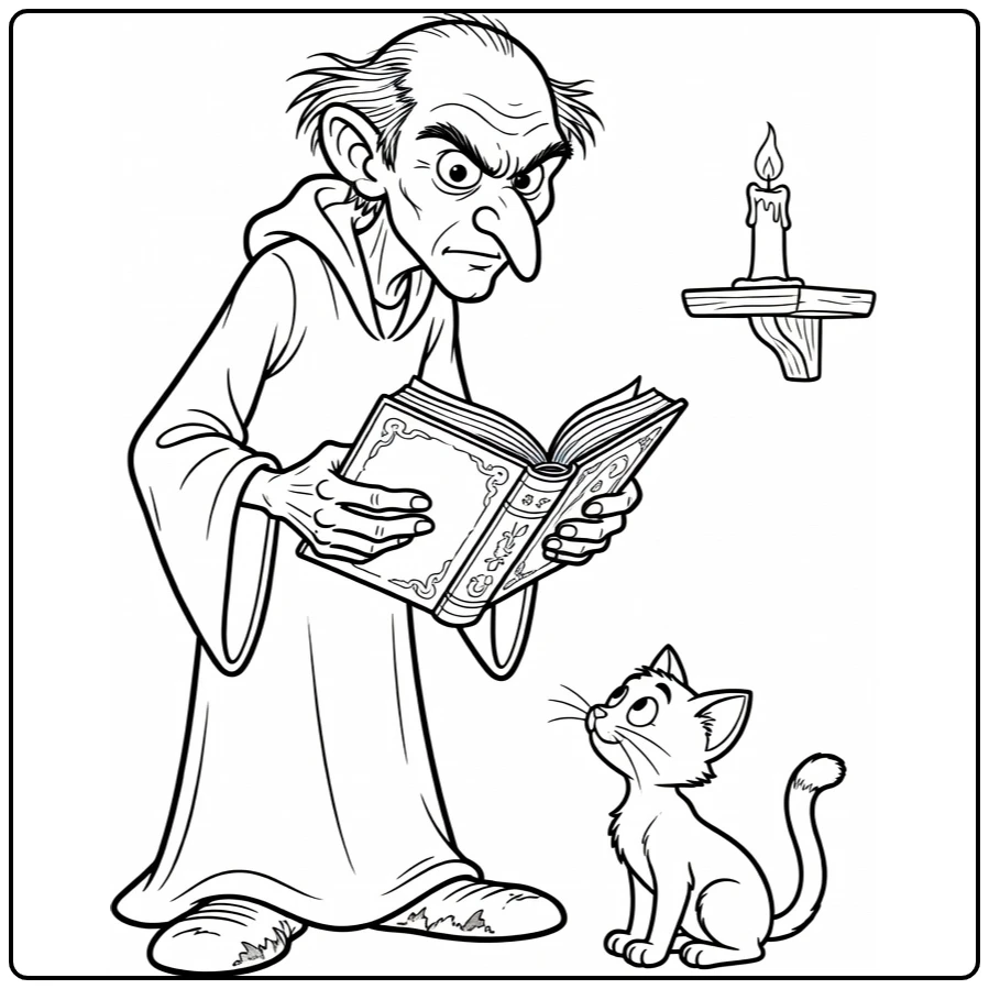 Gargamel kleurplaat: open toverboek, Azrael kijkt op