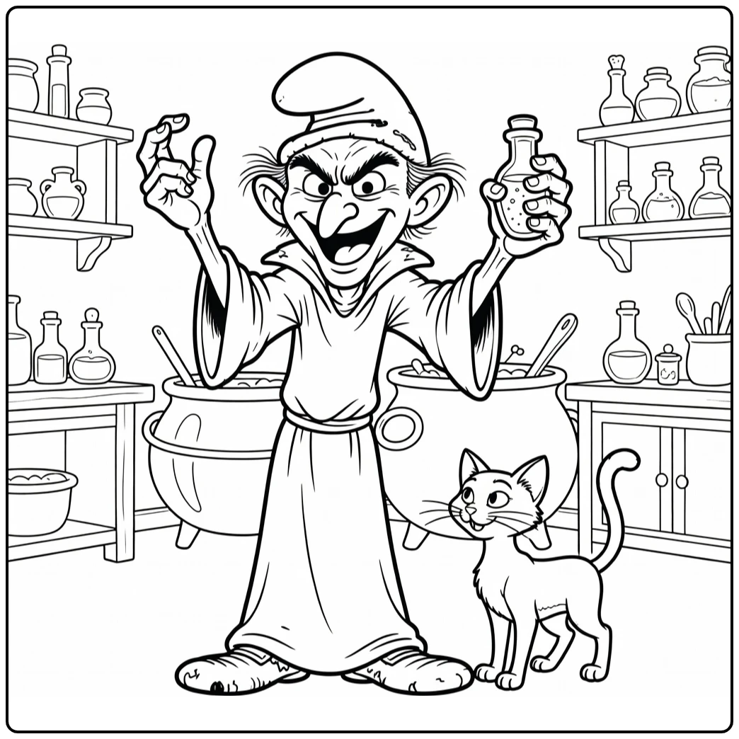 Gargamel kleurplaat: lachende Gargamel met drankfles en Azrael