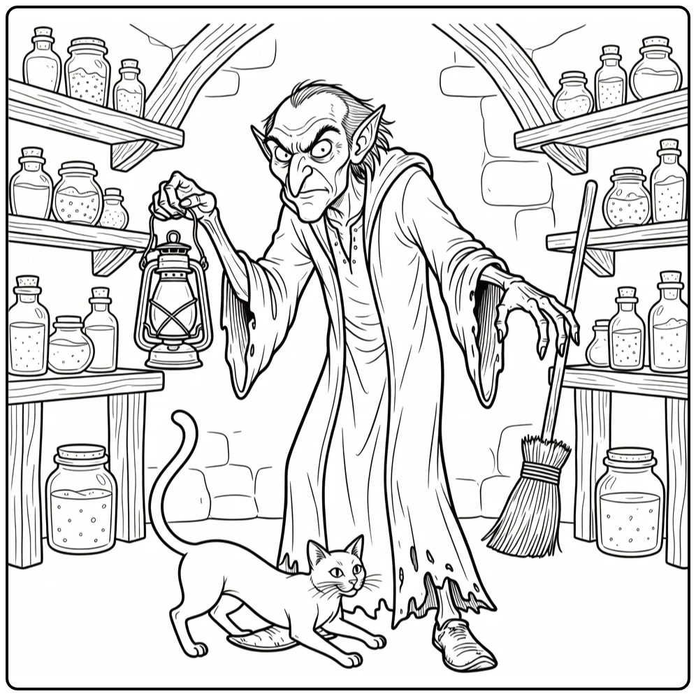 Gargamel kleurplaat: lantaarn in donkere kelder met Azrael