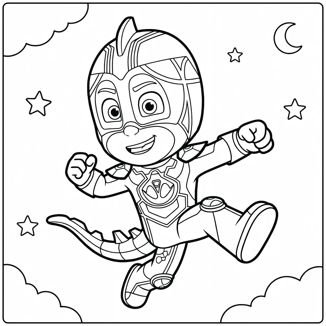 Gekko Kleurplaat: PJ Masks held springt met sterren en maan