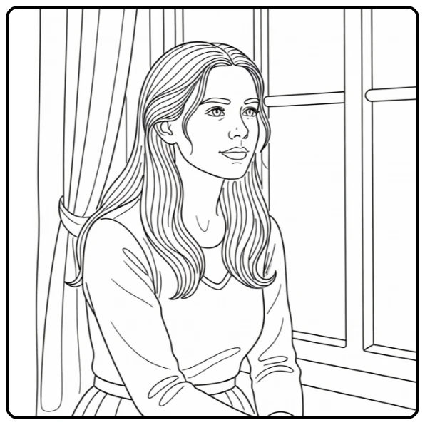 Ginny Weasley kleurplaat bij Hogwarts raam, nadenkend