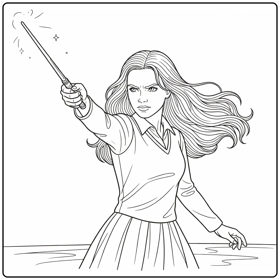 Ginny Weasley kleurplaat: spreuk met toverstaf intense blik haar
