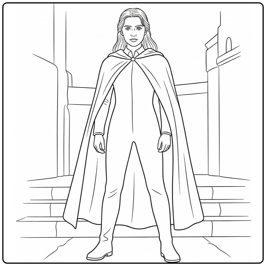 Ginny Weasley kleurplaat: dapper in Hogwarts hof met wintermantel