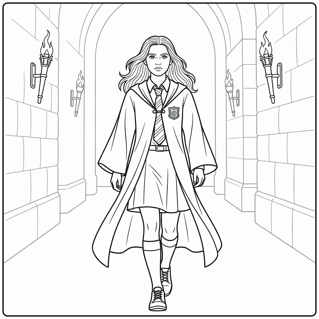 Ginny Weasley kleurplaat: zelfverzekerd door Hogwarts gang