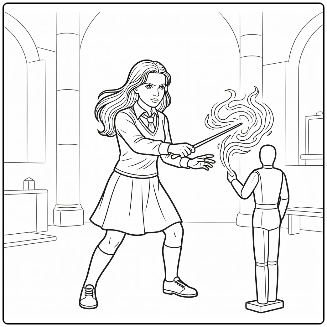 Ginny Weasley kleurplaat: Ginny oefent magie met vastberaden houding