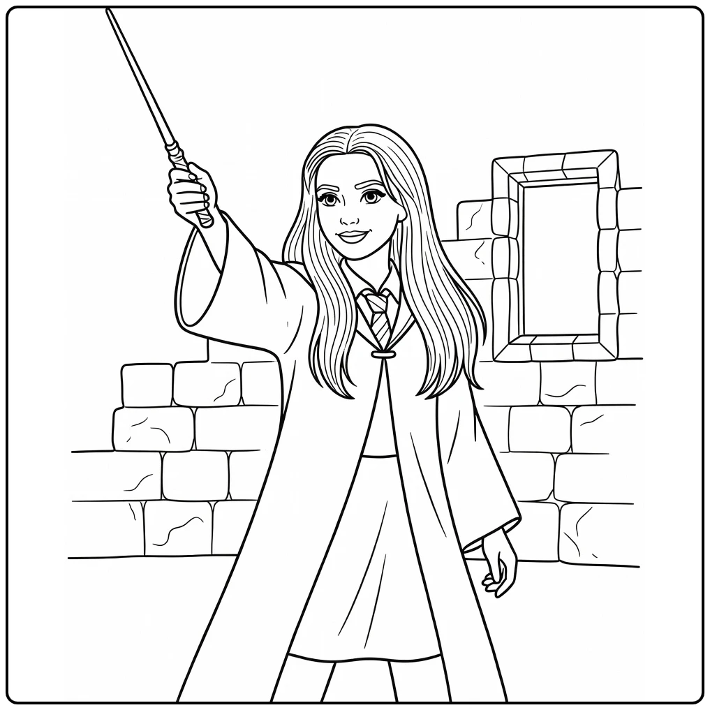 Ginny Weasley kleurplaat: dappere pose met toverstok