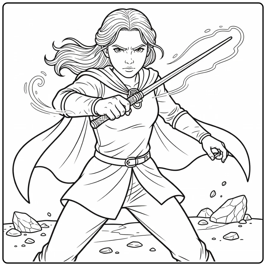 Ginny Weasley kleurplaat: heroïsche pose met toverstok en serieuze blik