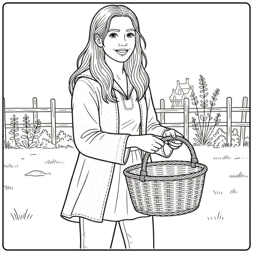 Ginny Weasley kleurplaat buiten bij de Burcht met mand