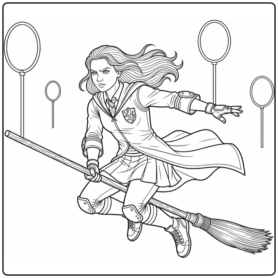 Ginny Weasley kleurplaat Quidditch actie bezem Griffoendor