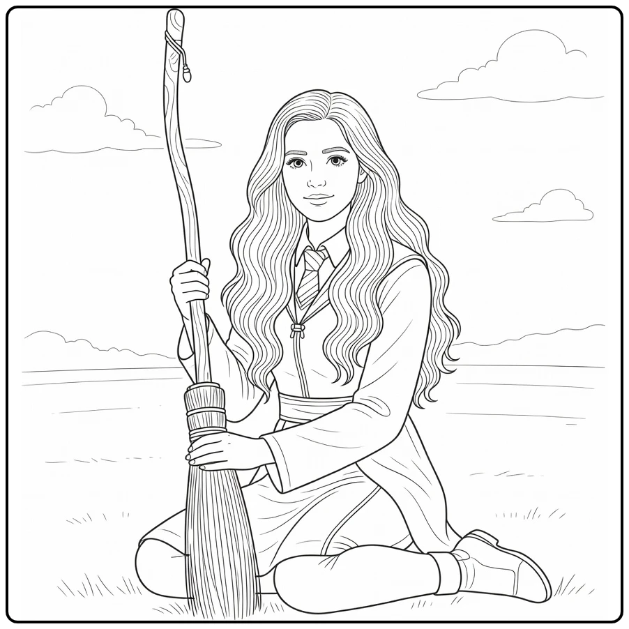 Ginny Weasley kleurplaat zittend met bezemsteel Quidditch