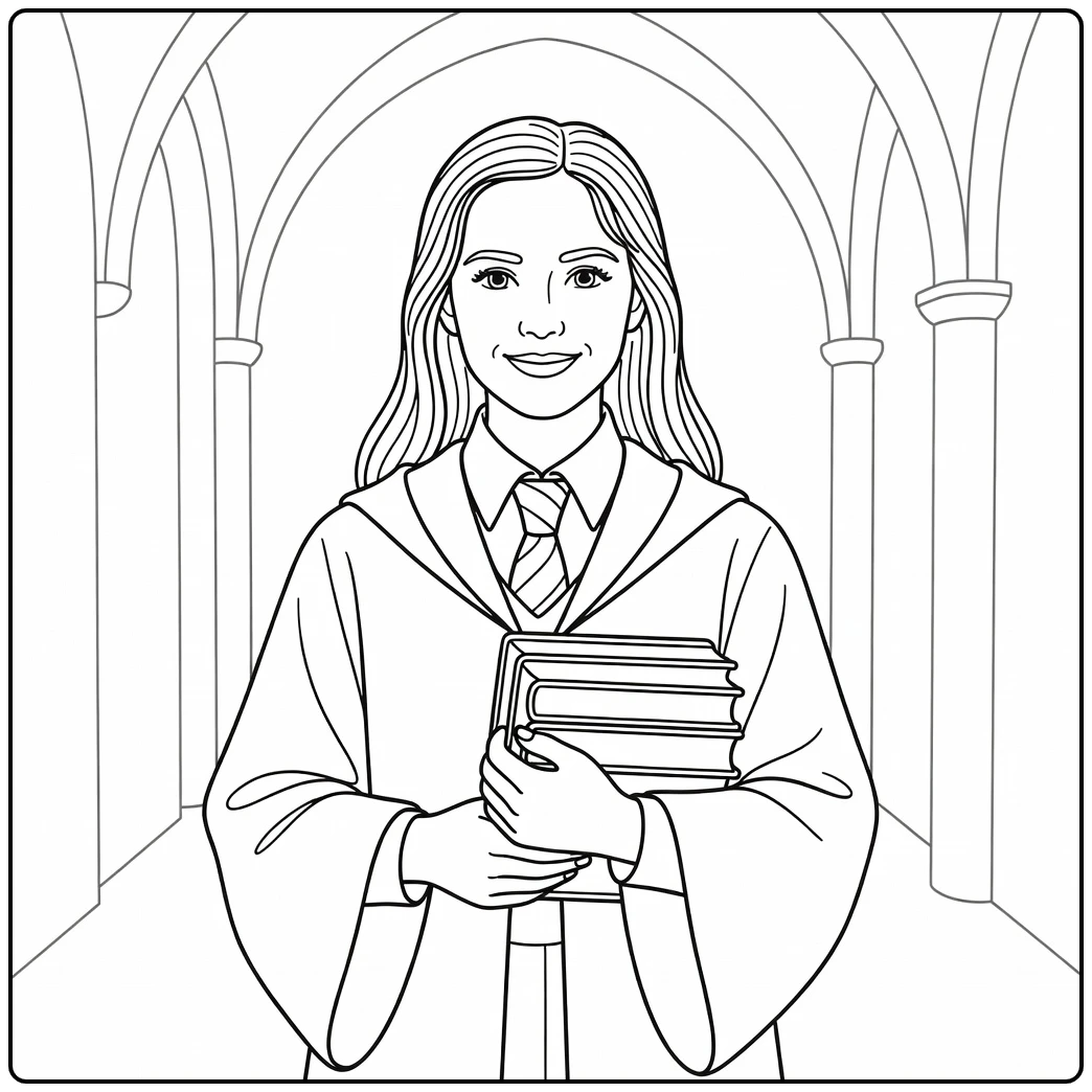 Ginny Weasley kleurplaat: glimlachende Ginny met boeken in Hogwarts-uniform