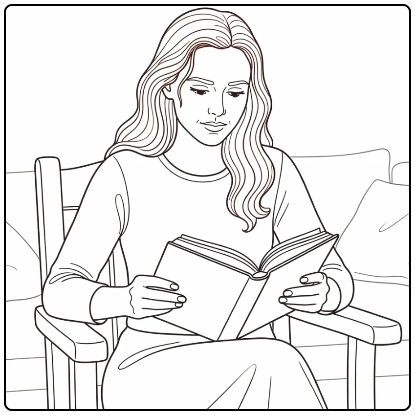 Ginny Weasley kleurplaat: leest nadenkend in Gryffindor kamer